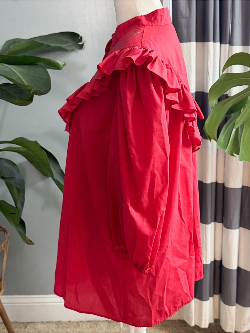 Red Ruffled V-Neck Button Front Women's Top - Picture 4 of 9